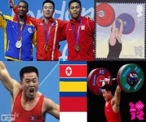 yapboz Halter Erkekler 62 kg podyum, Kim Un-Guk (Kuzey Kore), Oscar Figueroa (Kolombiya) ve Eko Yuli Irawan (Indonesia) - Londra 2012-